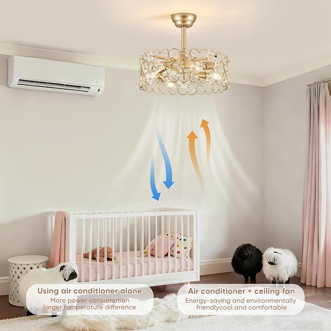 20" Gold Caged Ceiling Fan with Light and Remote Control Flower Crystal Chandelier Ceiling Fan Boho Fandelier for Girl's Bedroom，Nursery，Living Room（Enclosed 6 Speeds Height Adjustment）