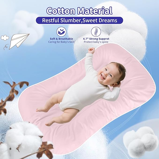 Baby Lounger 0-24 Months 100% Cotton-Snuggle Cozy Me Lounger,Soft & Breathable Tummy Time Mat for Newborn Infant Play Mat,Babies Essentials Gifts,Pink(Lounger Cover Included)