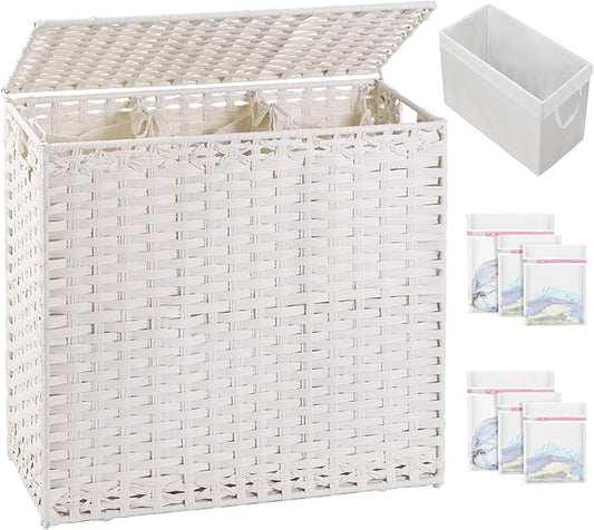Laundry Hamper with Lid Laundry Basket 132 L (35 Gal) Wicker Clothes Hamper, Handwoven Rattan Hamper with Handles and 4 Removable Liner Bags, 6 Mesh Bags for Laundry Bedroom White