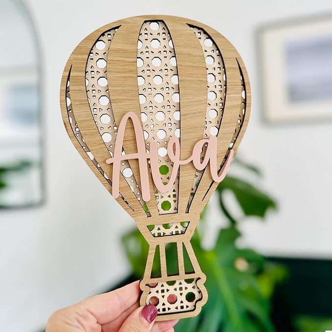 Personalized Hot Air Balloon Wooden Baby Name Sign, Hot Air Balloon Wall Decor Boho Wooden Sign Nursery Home Decor for Nursery Bedroom, 3D Wooden Layered Handmade Letter Wall Decor