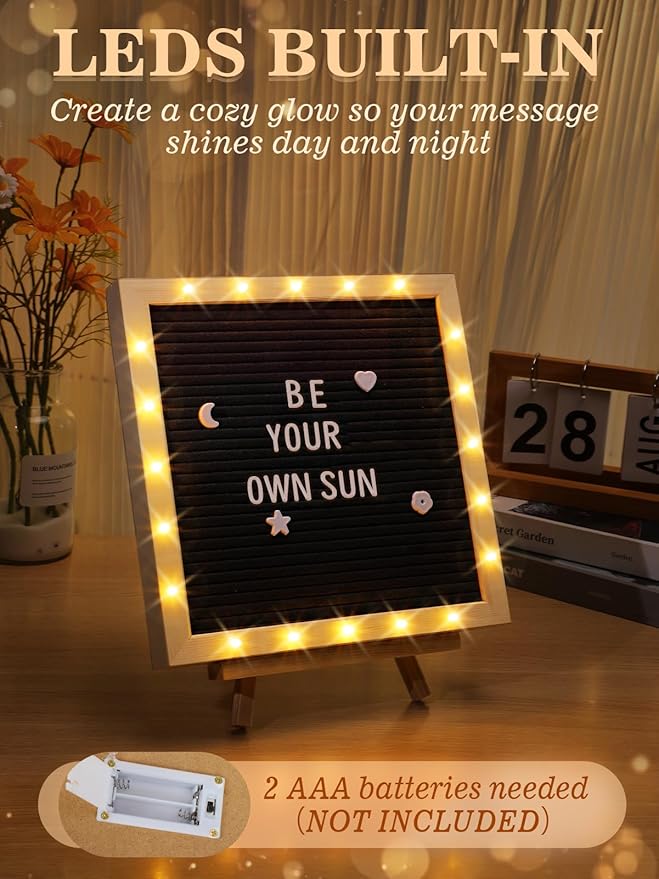 Changeable Felt Letter Board with LED Lights - 10×10" Message Custom Signs & Wood Stand & 450 Letters, Poster Board for Christmas/Pregnancy/Baby Announcement/Classroom Wall Decor Gifts, Black