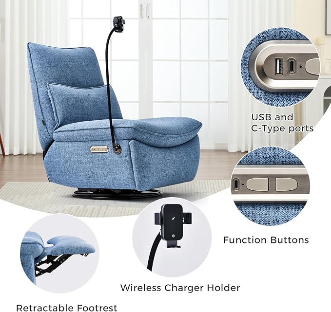 Nouhaus Swivel Nursery Recliner Glider, Oversized Electric Rocker Recliner Chair with USB & Type-C Port, Wireless Charger Phone Holder, Reclining Rocking Chair for Nursery (Snooze Modern, Sky Blue)