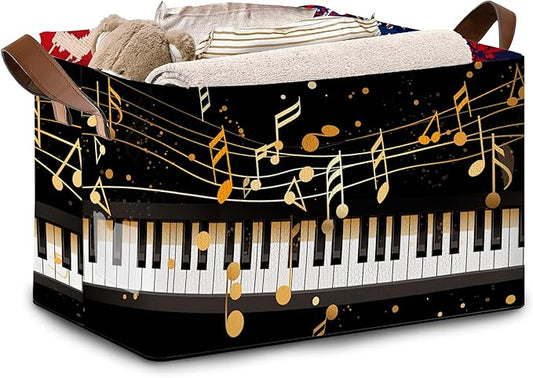 Piano Keyboard Pattern Storage Basket Large 17x11.5x10.5 Inche-Collapsible Fabric Organizer Bin with Handles for Music Room, Nursery, Toys-Foldable Decorative Hamper with Black White Keys-Single Pack