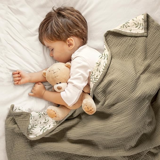 lulumoon Baby Muslin Blanket Neutral: Skin-Friendly Leaf Toddler Blanket - Ideal for Stroller 47"× 47" (Olive Branches)