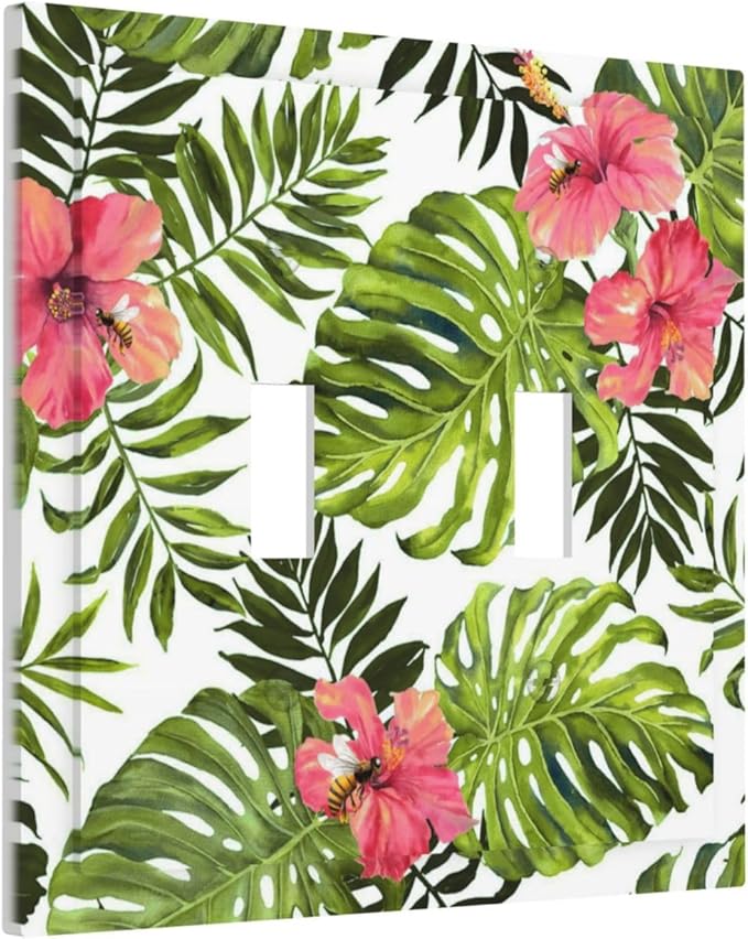 Tropical Plant Green Palm 2 Gang Light Switch Plate Decorative Double Toggle Wall Plate Banana Leaves Pink Flower Rainfores Jungle Botanical Receptacle Switchplate Decorate Home Living Room Bedroom