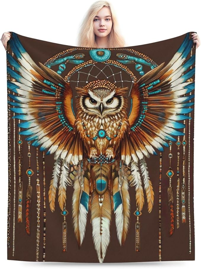 Owl Blanket Native American Decor Throw Blanket Super Soft Flannel Lightweight Fluffy Plush Fuzzy Fleece Indian Blanket Gifts for Girl Woman Adults Man Boys Kids Baby for Bed Sofa 60"X80"