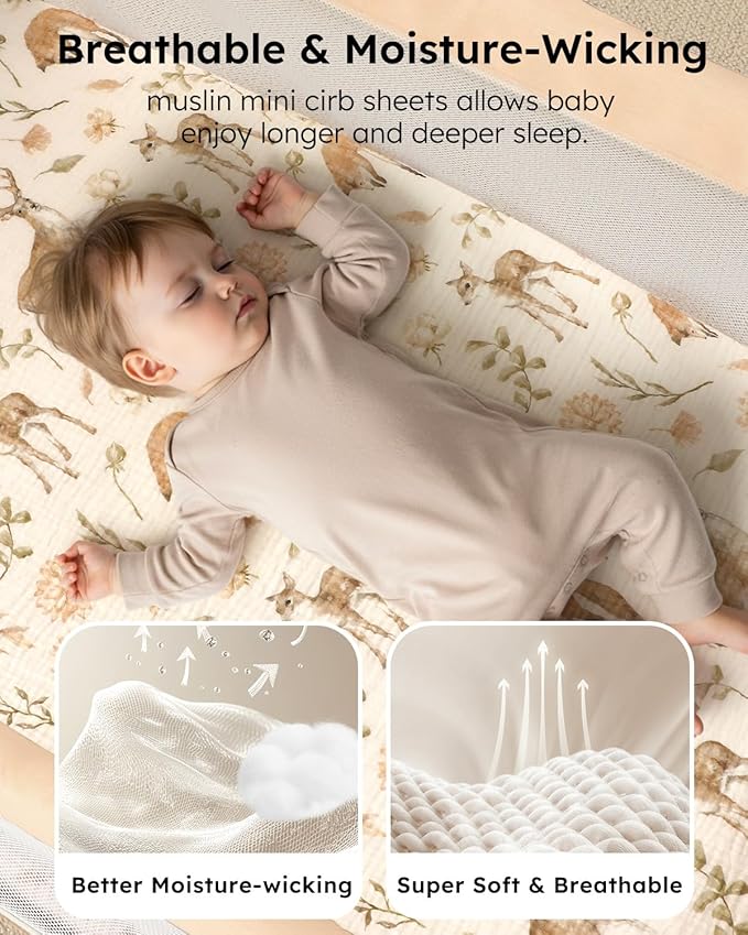 Yoofoss Muslin Pack and Play Sheets Fitted, Organic Mini Crib Sheets for Boys Girls, Playard Sheet Compatible with Pack N Play Mattress, Soft, Breathable and Durable 38"x26"