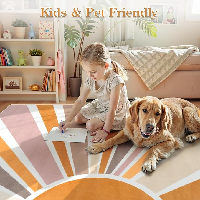 STARUIA Boho Washable Hexagon Rainbow Nursery Rug for Princess Tent Kids Play Castle, 4.6ft Colorful Sun for Kids Play Room, Ultra Soft Carpet for Girls Boys Room Playhouse Classroom Dorm Home Decor