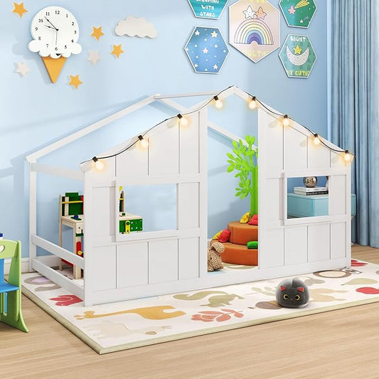 Twin Montessori Floor Bed with Roof, LED Light, Wood House Bed Frame with Headboard and 2 Windows, Low to Ground Cute Playhouse Bed for Kids, Girls, Boys, Without Slats (White)