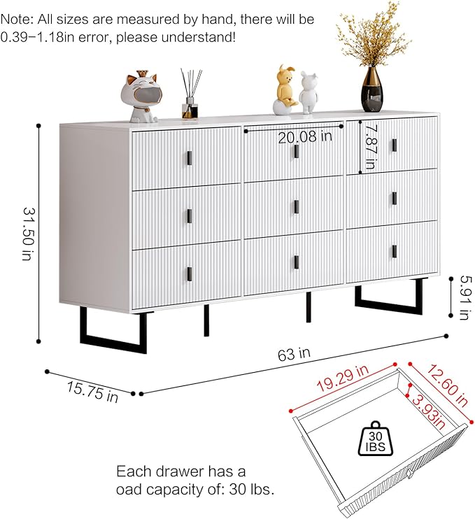 Modern Chest of Drawers with 9 Drawers,Deep Drawers,Clothes Organizer,Large Storage Cabinet for Living Room, Bedroom,Hallway,with Anti-Tipping Device, Black