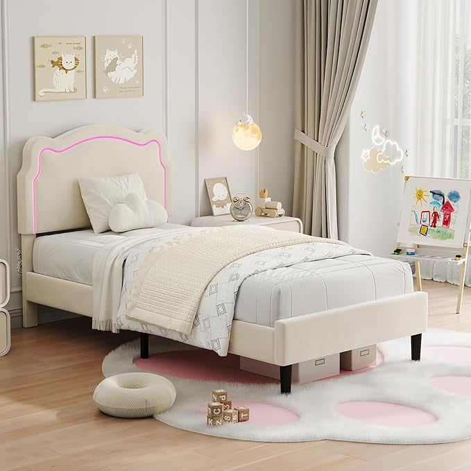 GarveeHome Twin Upholstered LED Bed Frame with Headboard, Velvet Princess Platform Bed Frame for Kids, Wooden Slats Support, No Box Spring Needed (Beige, Twin)