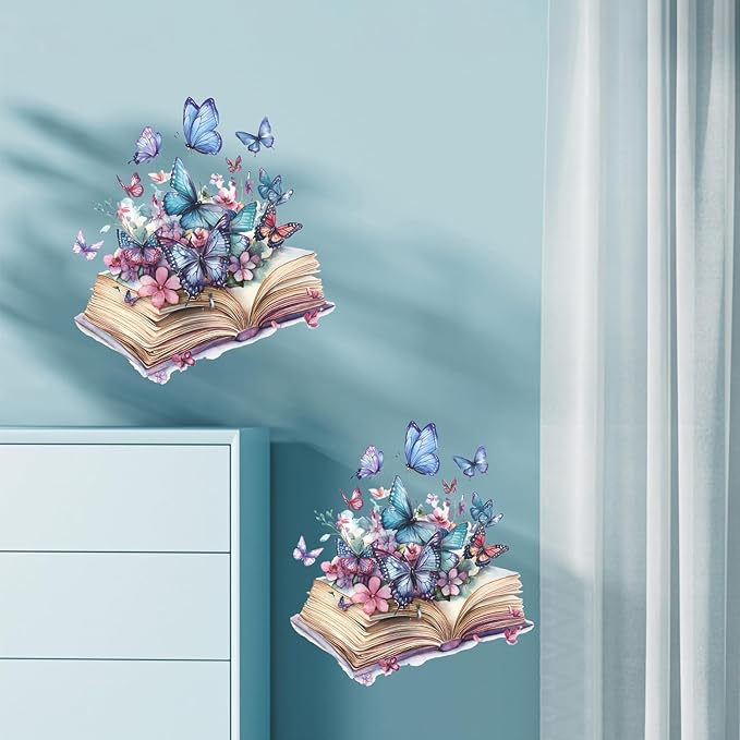Magic Book Wall Decals Colorful Flower Butterfly Wall Stickers, Purple Butterflies Decoration for Girls & Boys Bedroom Removable Vinyl Peel and Stick for Living Room, Bathroom, Library