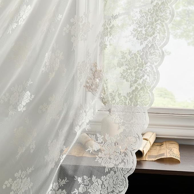 Kotile Ivory Lace Curtains 84 Inches Long 2 Panels, W52 x L84 Inch, Rusitc Floral Pattern Vintage Lace Sheer Curtains for Living Room, Rod Pocket Light Filtering Privacy Vintage Sheer Window Curtain
