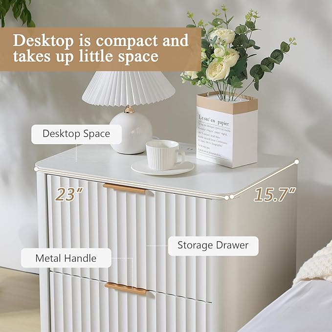 Fluted Nightstand with Charging Station, 23" Night Stands with 2 Drawers, Wood End Table with Storage, White Bedside Cabinet for Bedroom