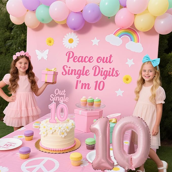 10th Birthday Decorations for Girl-12 inch Pastel Balloons, 32 Inch Pink 10 Balloon, 3D Butterflies Stickers, Happy Birthday Banner For Girl 10 Years Old BD Party Decorations