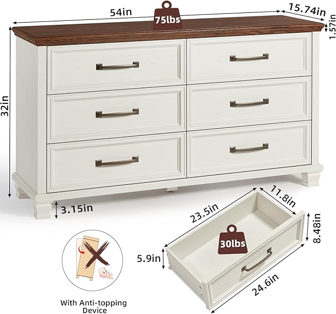 Farmhouse 6 Drawer Dresser for Bedroom, 54 inch Wide Large Vintage Chest of Drawers with Square Solid Wood Legs, Rustic TV Stand for Living Room, Wooden Storage Dressers for Hallway, White