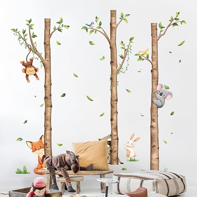 Large Birch Tree and Jungle Animals Wall Decals, Cartoon Fox Money Loala Raccoon Wall Stickers Peel and Stick Wall Decal Waterproof Wall Art Sticker for Baby Nursery Kids Room Home Decor (H: 63 in)