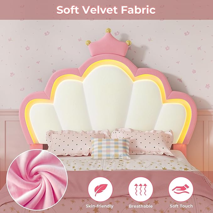 BTHFST Twin Size Bed Frame with LED Lights, Girls Twin Bed with Princess Crown, LED Velvet Upholstered Platform Bed Frame with Adjustable Headboard, No Box Spring Needed, Pink