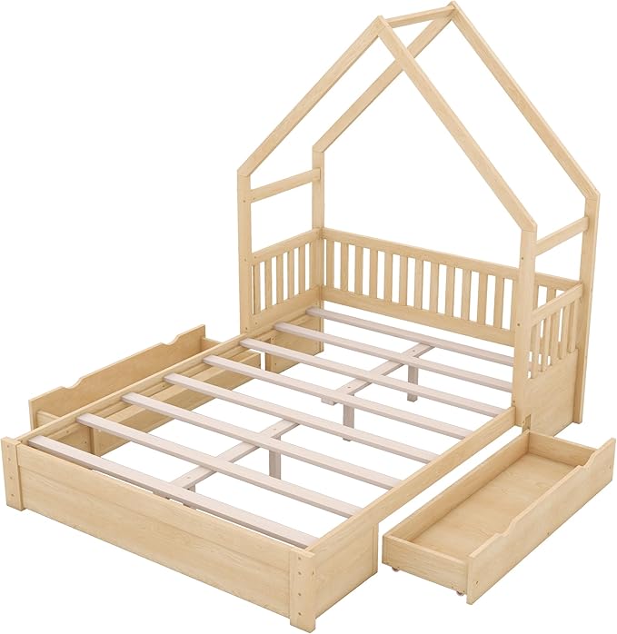 SOFTSEA Queen Size House Platform Bed with Drawers, Queen Floor Bed with Storage Drawers, Wood House Bed Frame with Guardrails and Roof, No Box Spring Needed, Natural