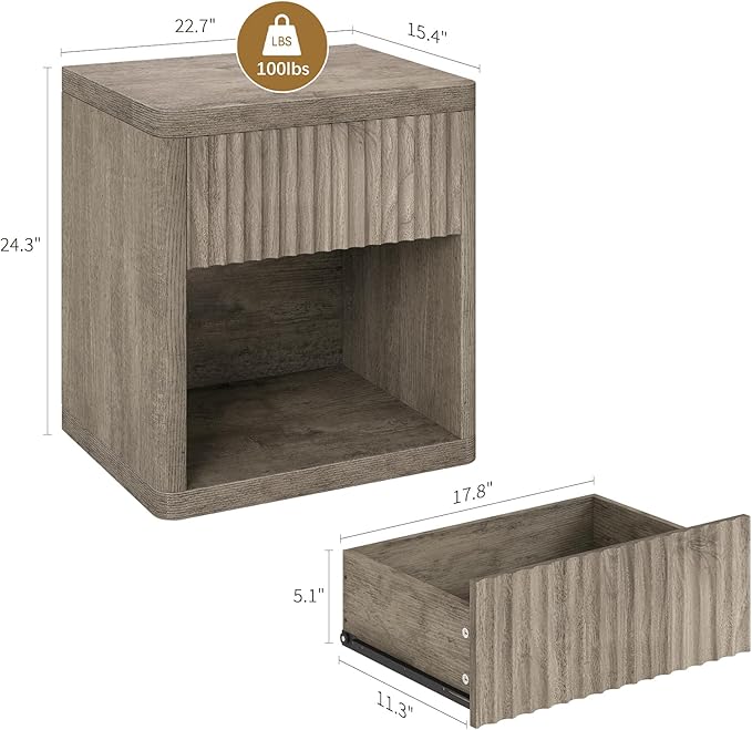 Night Stand Fluted Nightstand with Drawers, Wood Bedside Table with Storage Shelf, Bed Side Table for Bedroom, End Tables Living Room, Modern Nightstands Night Stands, Sofa Side Tables, Grey