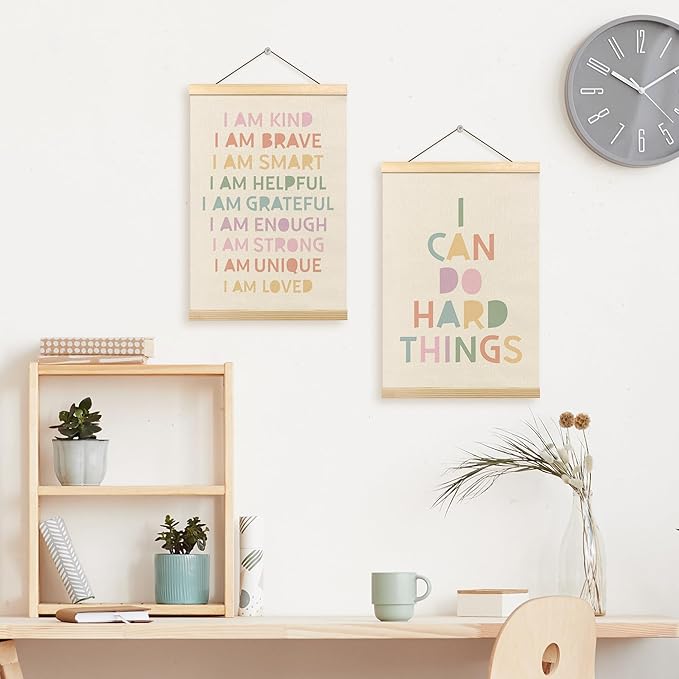 Pastel Boho Kids Wall Art Decor, I Can Do Hard Things Positive Affirmations Poster Hanger Frame for Kids Room Bedroom Nursery Playroom Classroom Wall Decor, 12x16 Inch Set of 2