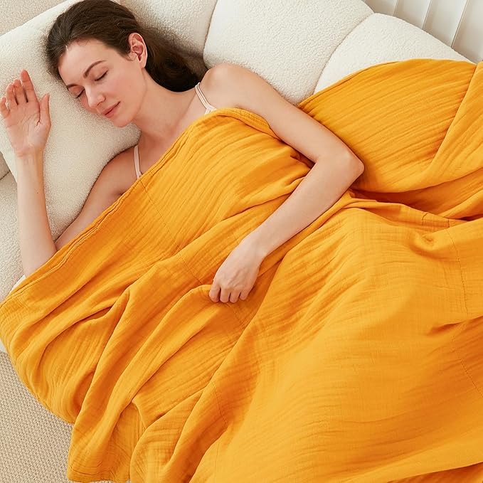 EMME Cotton Throw Blanket - 100% Muslin Soft, Breathable Gauze - All Season, Pre-Washed - Mustard Yellow, 50"x70"