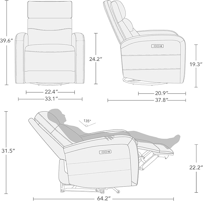 Watson & Whitely Swivel Recliner with Power Headrest, Recliner Chairs for Adults, Small Glider Rocker for Living Room, Faux Leather in Camel