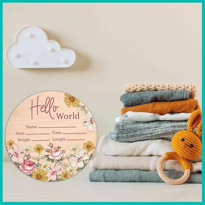 Hello World Newborn Sign - Baby Name Birth Announcement Plaque for Hospital - Daisy Pink Floral - Photo Prop - Nursery Decor - Shower Gift