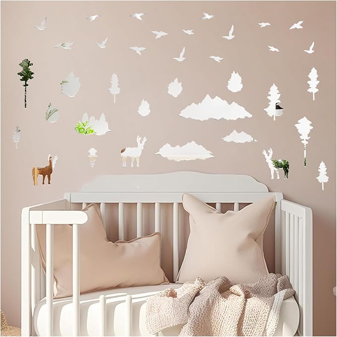 Woodland Tree Animal Wall Stickers Removable 3D Mirror Acrylic Wall Decals Mountain Pine Trees Decals Peel and Stick Forest Animals Tree Decor for Bedroom Living Room