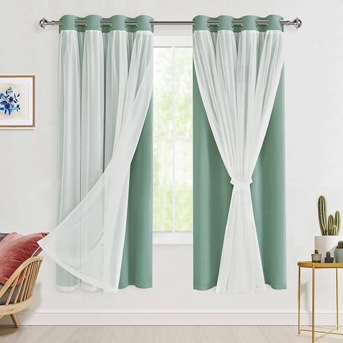 Hiasan Light Sage Green Blackout Curtains with Sheer Overlay, Thermal Insulated Privacy Mix & Match Double Layer Window Curtains for Girls Bedroom, Living Room, 2 Drape Panels with Tiebacks, 52W X 63L