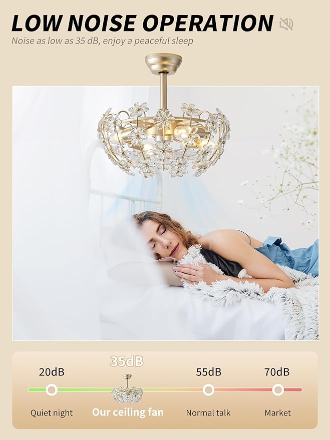 20" Gold Crystal Fandelier Ceiling Fan with Light, Mid-Century Flower Chandelier Ceiling Fan with Light Remote Control, Modern Caged 6 Speeds for Bedroom, Nursery, Foyer, Living Room