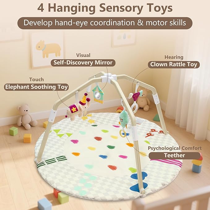 Bella’s Friends Baby Play Gym Mat, Stage-Based Developmental Tummy Time Mat, Wooden Activity Center for Baby with 4 Detachable Sensory Toys and Reversible Mat, Baby Essentials Gifts for Newborn Infant