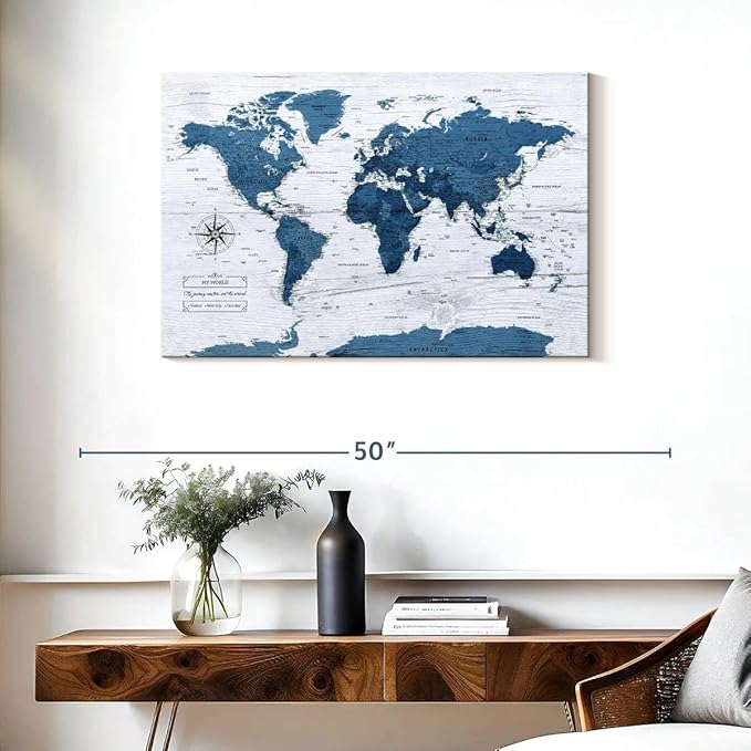 ElephantStock - My World Push Pin Map IV Wall Art - Horizontal Canvas Wall Art - Living Room Wall Decor - Unique Map Canvas Art - Blue And Decor - 36" x 24"