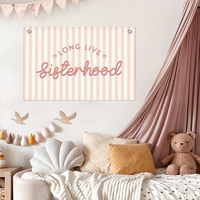 Lacama Long Live Sisterhood Banner, Pink Linen Banners Wall Hanging Banner Flag Decor for Toddler Girls Room Nursery, Wall Hanging Flag 30x20 In