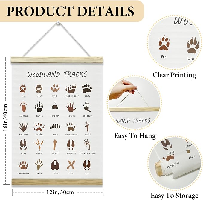 Nopoben Woodland Tracks Poster Hanger Frame, Animal Tracks Wall Art With Wooden Poster Hanger, Educational Animals Wall Decor, Forest Hunting Boy Nursery Decor(12x16 Inches)-18