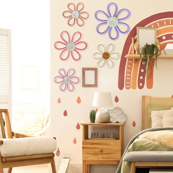5 Pcs Boho Daisy Flower Wall Decor 3 Size Woven Floral Art Wall Hanging Supply for Boy Girl Pink Purple Bohemian Home Bedroom Room Decorations
