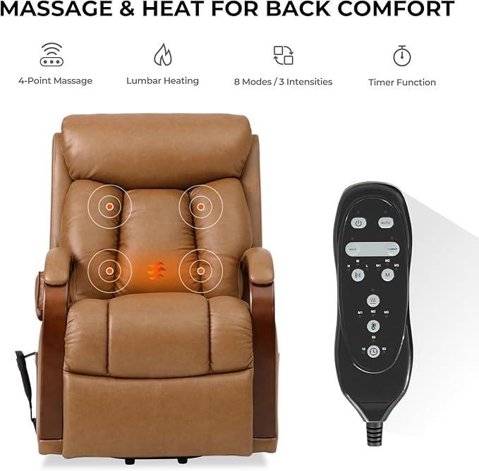 DYNOX Small Lift Chair Recliner with Heat and Massage, Dual Motor Power Lift Sofa for Elderly,Infinite Adjust for Back and Footrest,Side Pocket(9185,Genuine Leather,Camel