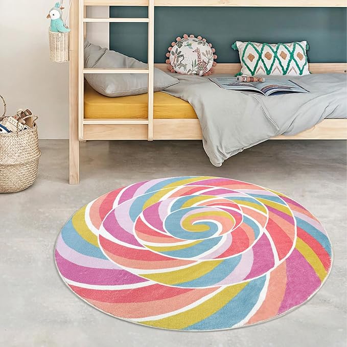 Kids Rug Pink Circle Rug for Girls Bedroom Round Rainbow Lollipops Nursery Mat 2.6Ft Chic Bedside Carpet for Children Cartoon Crawling Mat for Playroom Candy Decorations Indoor Home Decor
