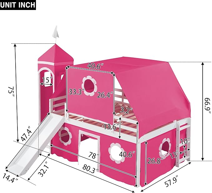 Full Size Low Loft Bed with Slide & Tent and Tower, Playhouse Design Solid Wood Tent Bed Frame for Kids Boys Girls, Versatile Spacious Under Bed Space with Curtains (Pink-FF)