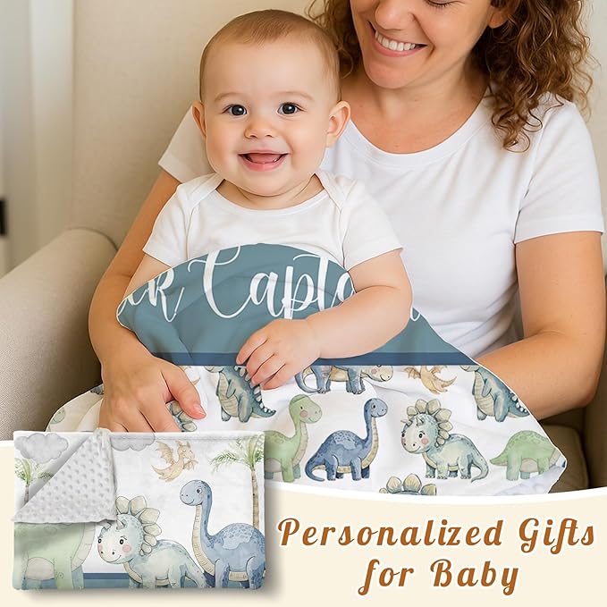 Personalized Baby Name Blanket for Boy Girl, Soft Flannel Blanket with Double Layer Dotted Backing for Newborn, Nursery Crib with Green Dinosaur Design, Baby Blanket Customized Gifts(47" x60)