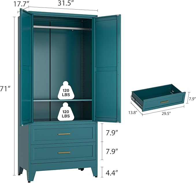 Metal Wardrobe Closet Cabinet with Drawers,71" H Large Bedroom Armoires with Shelves and Hanging Rod,Wardrobe Storage Cabinet with 2 Doors, 1 Adjustable Shelf and Drawers (2Drawer, Blue)