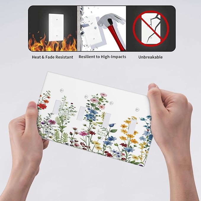 Light Switch Cover Colorful Wildflowers Plants Flowers on White Background 4 Gang Switch Plate Covers Quad Toggle Wall Plates Decorative Switchplate Electrical Faceplate for Home Decor