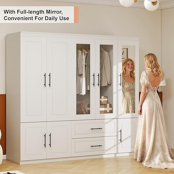 5 Door Armoire Wardrobe Closet with Mirror: Wood Wardrobe Closet Combination Bedroom Armoire 2 Drawer with Hanging Rods Glass Door for Home/Bedroom/Living Room White