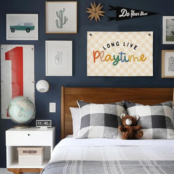 Play Room Decor, Toddler Boy Room Decorations Banner, Blue Striped Wall Flag for Kids Nursery Playroom Decor, 20x30 Inch