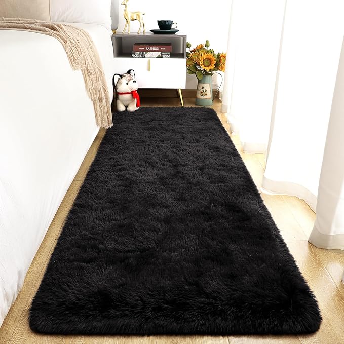 Merelax Black 2x8 Non-Slip Long Runner Rug for Hallways Entry, Soft Fluffy Area Rugs for Living Room, Shaggy Plush Furry Bedside Rug Indoor Floor Carpet Nursery Kids Room Dorm Holiday Decor