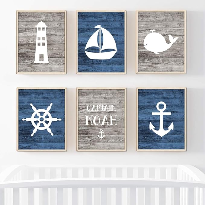 Andaz Press Personalized Ocean Nautical Sailor Theme Nursery Kids Bedroom Hanging Wall Art Decor, 8.5x11-inch, Rustic Distressed Blue Wood, Anchor, 6-Pack, Custom Name Unframed Room Poster