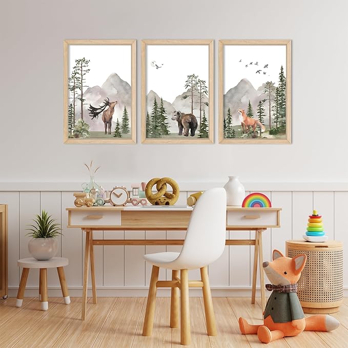YWJKWLGS Wild Woodland Animals Nursery Wall Art Decor 16"×24" Set of 3 Jungle Theme Safari Forest Deer Bear Fox Posters Wood Framed Sign for Children's Boys Girls Room Watercolor Prints Hanging (Wood)
