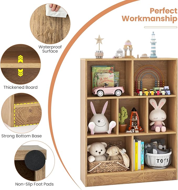 Costzon 7-Cube Bookshelf for Kids, Wooden Toy Storage Organizer w/ 2 Anti-Toppling Kits, 3 Tier Open Shelves & Non-Slip Foot Pads, Montessori Toy Shelf for Kids Rooms, Playroom, Classroom, Nursery