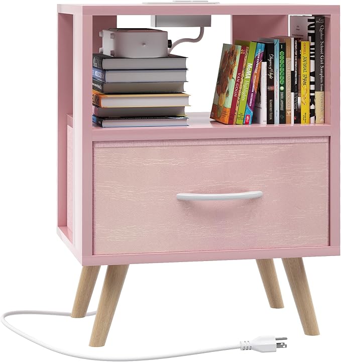 Night Stand with Charging Station, Pink Kids Nightstand with Drawer, 2-Tier Nursery Bedside Table with USB Ports and Outlets, End Table for Small Space, Living Room, Bedroom