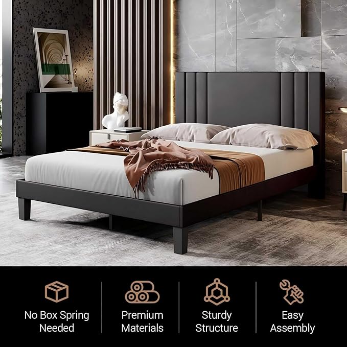 Tyndall Queen Size Bed Frame, Faux Leather Upholstered Platform with Headboard
